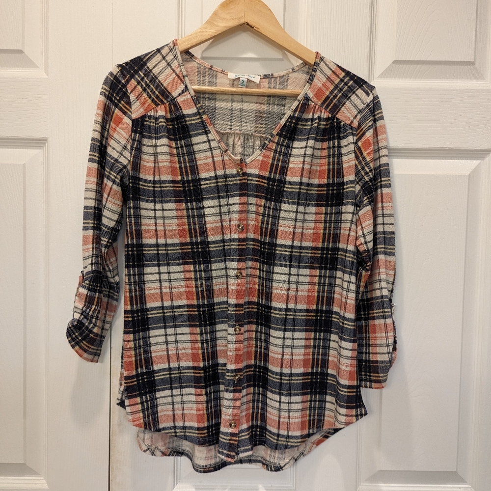 G&L plaid 3/4 sleeve button up top